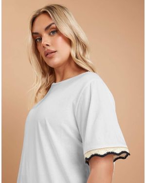 Yours Clothing Metallic Crochet Trim T-Shirt - White