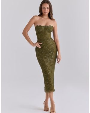 House Of Cb Alexia Metallic Lace Strapless Midi Dress - Green