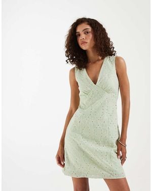 Vero Moda Cotton Broderie V Neck Mini Dress - Green