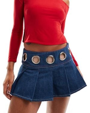 Heretic Nine Exclusive Eyelet Waist Micro Mini Denim Skirt - Red
