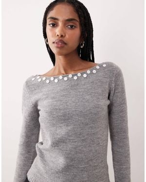 Motel Manahi Pearl Detail Boat Neck Sweater - Grey