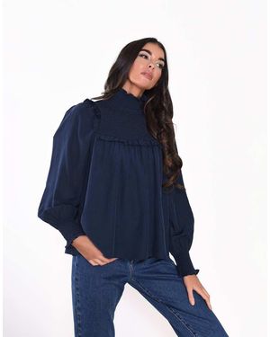 Glamorous Smocked High Neck Blouse - Blue