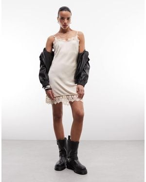 Monki Lace Detail Satin Slip Mini Dress - Natural