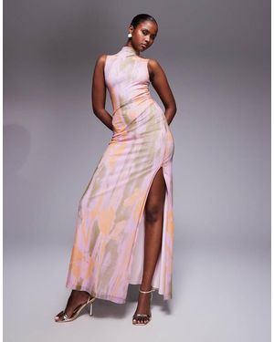 ASOS Mesh High Neck Ruched Asymmetric Seam Maxi Dress - Multicolour