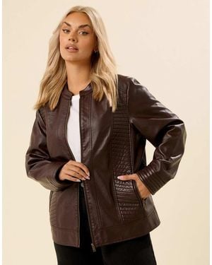Yours Clothing Biker Faux Leather Jacket - Brown