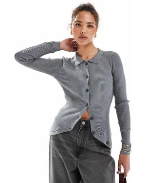 Vero Moda Ribbed Knit Polo Top With Curved Hem - Grey