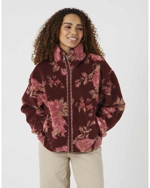 Brave Soul Sherpa Fleece Floral Print Sweatshirt - Red