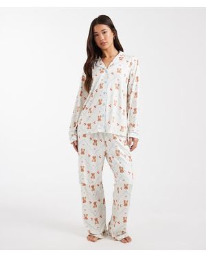 Threadbare Set Pigiama Morbidissimo Écru E Blu Con Stampa Di Orsetti E Chiusura Con Bottoni - Bianco