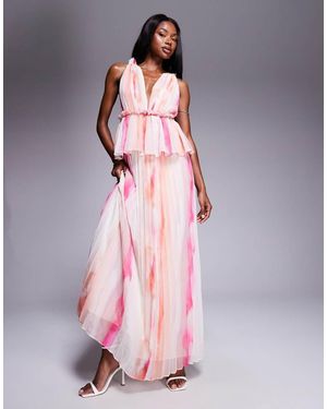 ASOS Pleated Plunge Midi Dress With Peplum - Pink