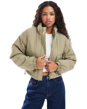 Brave Soul Funnel Neck Short Padded Jacket With Pockets - Green