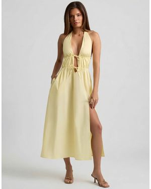 Oh Polly Cotton Halter Neck Backless Thigh Split Midi Dress - Natural