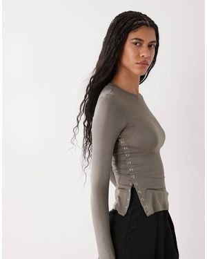 Weekday Long Sleeve Fitted Top With Button Detailing And Asymmetric Hem - Gray