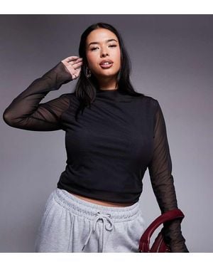 ASOS Asos Design Curve Fitted High Neck Double Layer Mesh Long Sleeve Top - Blue