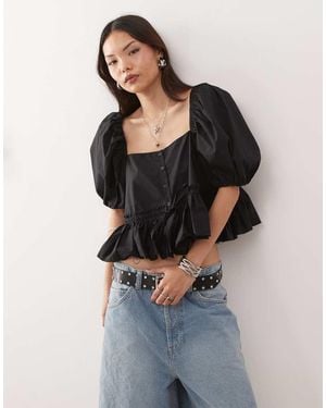 Monki Puff Sleeve Milkmaid Peplum Blouse - Blue