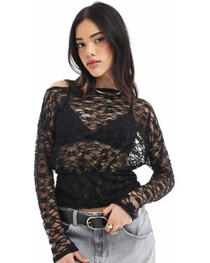 ASOS Lace Asymmetric One Shoulder Long Sleeve Top With Cinch Waist Detail - Black