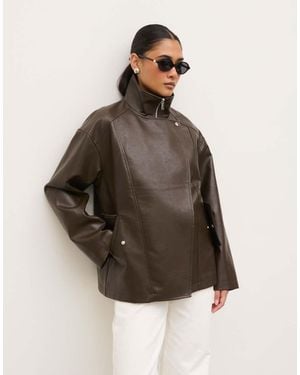 Pretty Lavish Faux Leather Funnel Neck Bomber Jacket - Brown