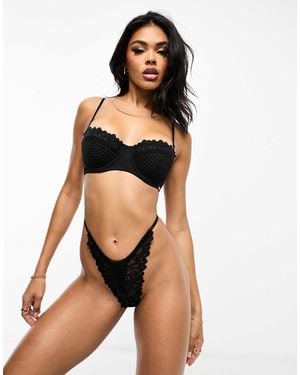 We Are We Wear Lace High Leg Gathered Thong - Black