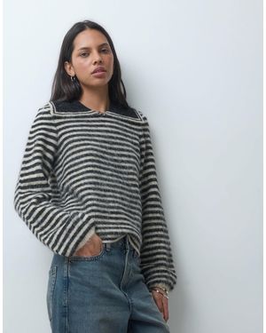 Pieces Slouchy Fluffy Knit Jumper With Collar - Grey