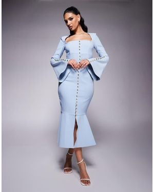 Lavish Alice Boucle Square Neck Micro Rose Button Midi Dress - Blue