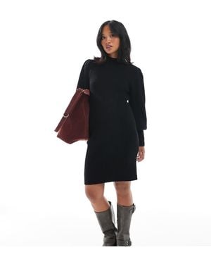 Only Petite Mini Trui-Jurk Met Pofmouwen En Hoge Hals - Zwart