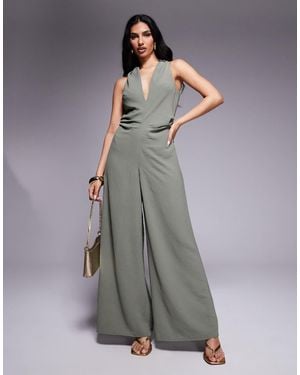 ASOS Ruched Waist Detail V Neck Jumpsuit - Gray