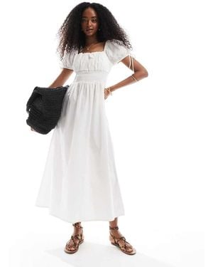 Brave Soul Square Neck Milkmaid Midi Dress With Puff Sleeve - White