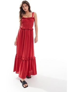 esmé studios Esmee Exclusive Shirring Maxi Beach Dress With Ruffle Trim - Red