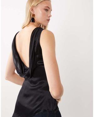 ASOS Top Van Satijn Met Gedrapeerde Hals En Lange Pasvorm - Zwart