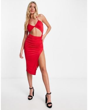 ASOS Cut Out Strappy Halter Midi Dress With Side Split - Red