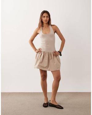 ASOS Scoop Halter Mini Dress With Cotton Poplin Skirt - Natural