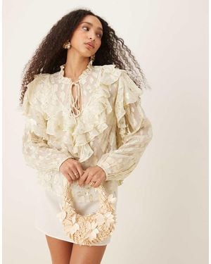 Never Fully Dressed Boho Ruffle Metallic Jacquard Blouse - Natural