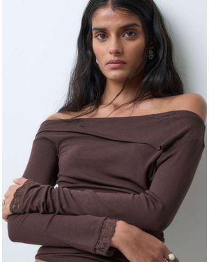 Miss Selfridge Long Sleeve Twist Top With Lace Trim - Brown