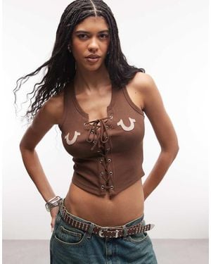TRUE RELIGION Applique Ribbed Lace Up Tank Top - Brown