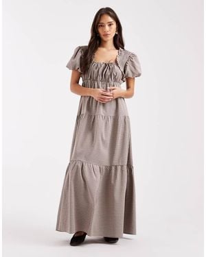 Daisy Street Puff Sleeve Tiered Maxi Dress - Brown