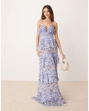 True Decadence Tiered Ruffle V-Neck Maxi Dress - Blue