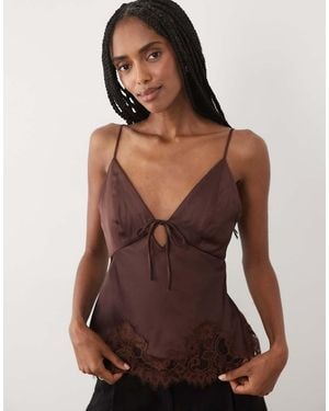 Abercrombie & Fitch Tie Front Lace Trim Satin Cami - Brown
