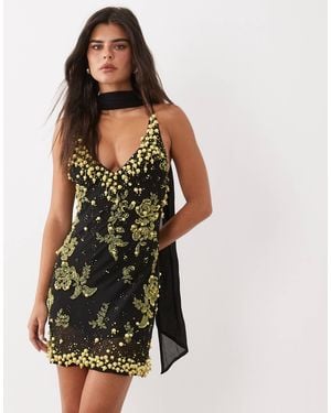 ASOS Minikleid mit blumenmuster, verzierungen, v-ausschnitt und schal - Mehrfarbig