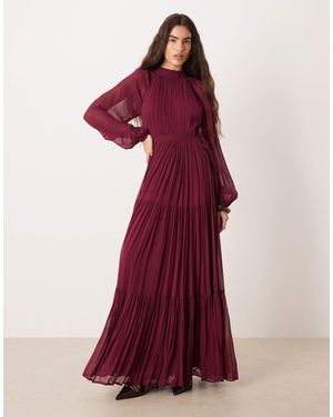 LACE & BEADS Violetta Chiffon Balloon Sleeve Tie Waist Pleated Tie Maxi Dress - Red