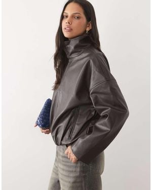 Object Leather Look Funnel Neck Jacket - Grey