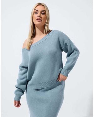 Yours Clothing Knitted Off Shoulder Jumper - Blue