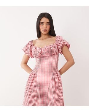 Kaiia Exclusive Cotton Milk Maid Puff Sleeve Hip Pleat Detail Mini Dress - Pink