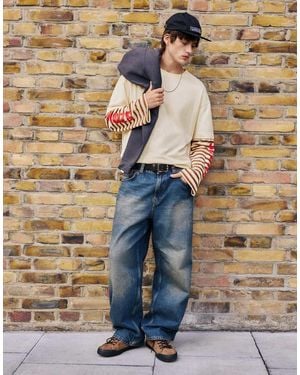 Pull&Bear T-Shirt A Doppia Manica Sporco - Blu