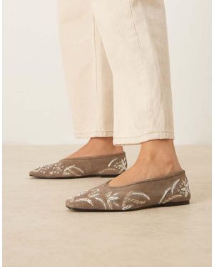 ASOS Lupin Premium Embroidered Chisel Toe Ballet Flats - Natural