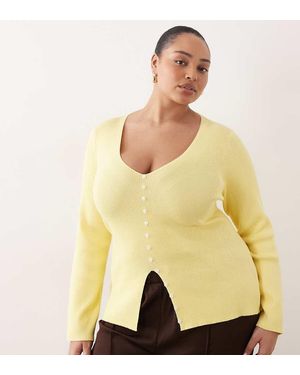 Pretty Lavish Curve Top A Maniche Lunghe A Coste Con Bottoni - Giallo