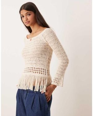 ASOS Crochet Look Off Shoulder Jumper With Fringe Hem - Natural