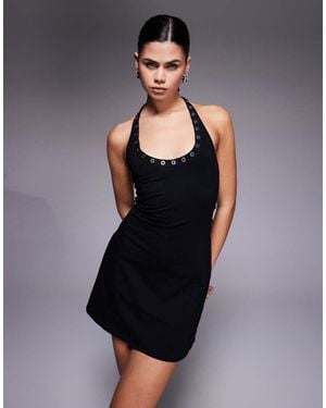 Fashionkilla Vestido Corto Con Espalda Escotada Y Cuello Halter Ancho Con Ribete De Ojales De - Azul