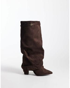 SEQWL Wide Fit Ranger Faux Suede Fold-over Knee Boots - White