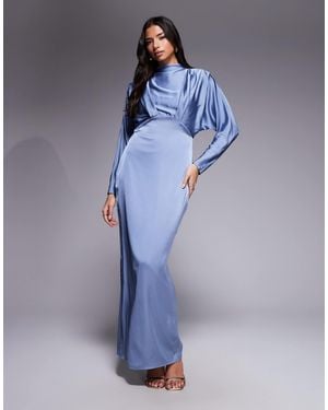 TFNC London Satin High Neck Tuck Detail Maxi Dress - Blue