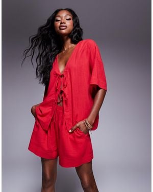 Princess Polly Linen Blend Tie Front Shirt And Shorts Full Set - Red