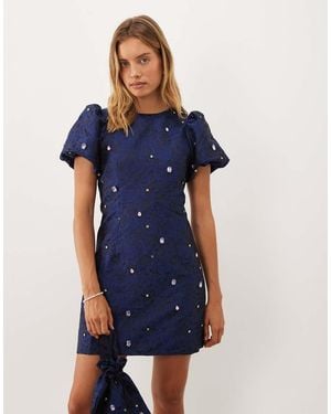 Sister Jane Dream Cosmo Embellished Round Neck Puff Sleeve Mini Dress Co-Ord - Blue